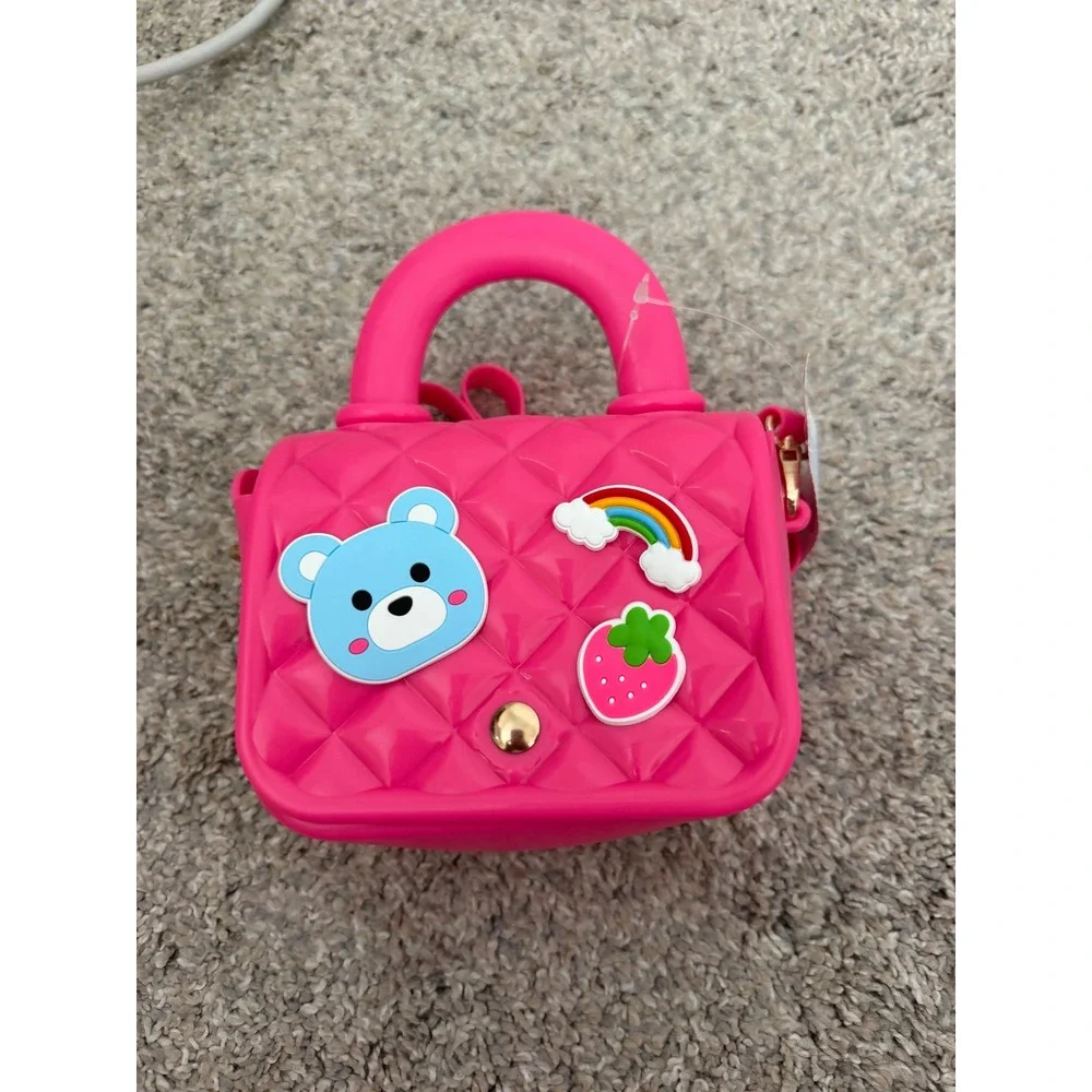 Mini Quilted Silicone Handbag – Bright Pink – Bear, Rainbow & Strawberry – NWT